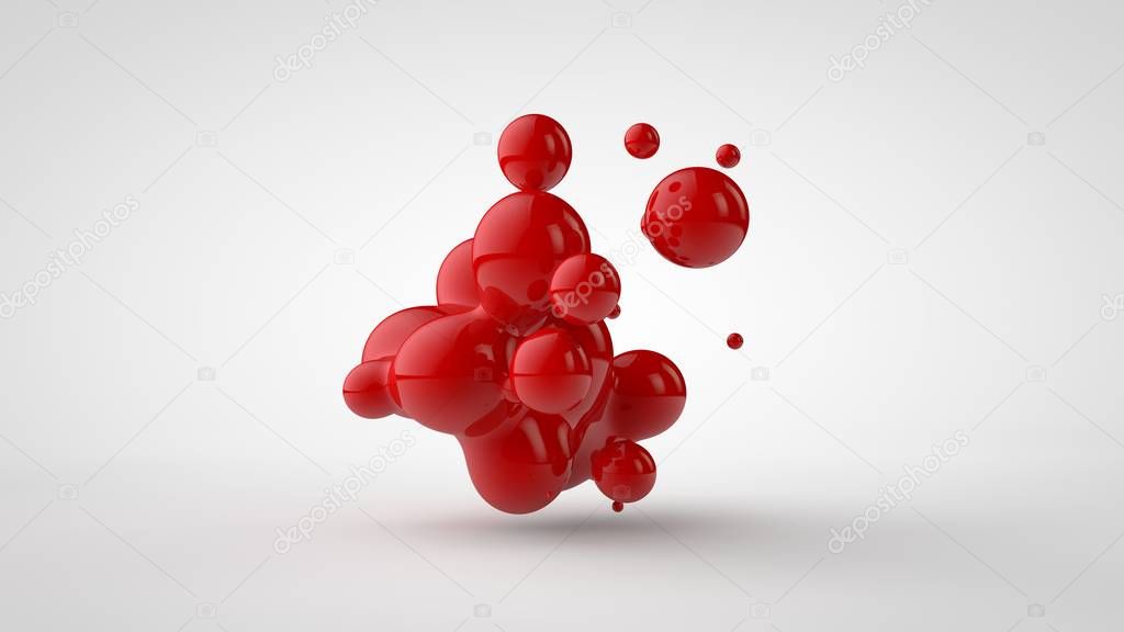 3D rendering of a plurality of drops of the red liquid looked like blood, juice. Drops of different shapes, different sizes randomly arranged in space, isolated on a white background. 3D illustration