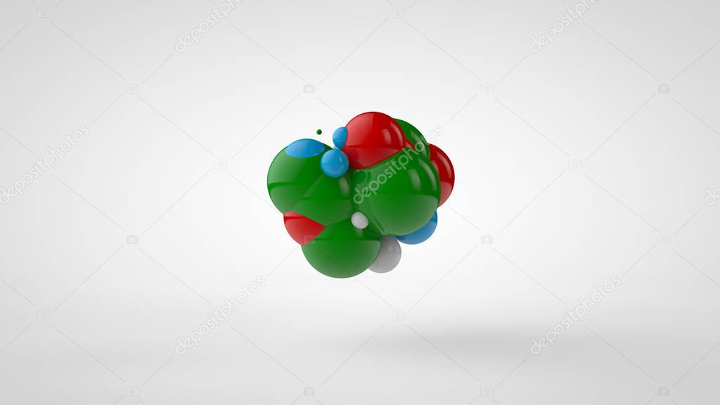 3D rendering of many colored balls of green, red, blue and white color. Spheres are randomly located in space have different sizes and different colors. 3D illustration isolated on white background