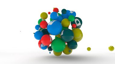 Vitamin sembolleri ile farklı renklerde topları düzinelerce 3d render. Vitamin patlama fikri, sağlıklı beslenme ve yaşam tarzı. Beyaz arka planda izole edilmiş 3d çizim.