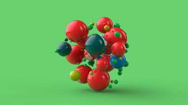 Yeşil bir arka plan üzerinde izole farklı renklerde birçok topları 3d illüstrasyon. Vitaminler uzayda dağınık. Sağlıklı bir diyet, güç ve sağlık fikri. 3d render