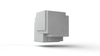 Beyaz izole arka plan üzerinde uzayda geometrik şekillerin 3d render. Grupta 3d küpler, uyumlu ve erimiş, beyaz yüzey üzerinde boşluk asmak. Soyutlama.