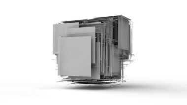 Birkaç küplerin 3d render elemanları üzerinde tahrip. Uzayda asılı, beyaz arka planda izole edilmiş parçalar dizisi. 3d illüstrasyon, soyutlama, kaos fikri, bozukluk, yapı ve uyum