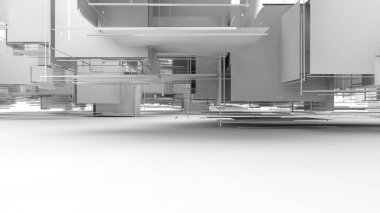 Öğeler, kareler, şeritler, kenarlar ayrılmış küpler kümesi3d illüstrasyon. Soyut arka plan 3d render, birçok geometrik doğru unsurların bileşiminde sürrealizm.