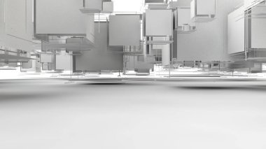 Öğeler, kareler, şeritler, kenarlar ayrılmış küpler kümesi3d illüstrasyon. Soyut arka plan 3d render, birçok geometrik doğru unsurların bileşiminde sürrealizm.