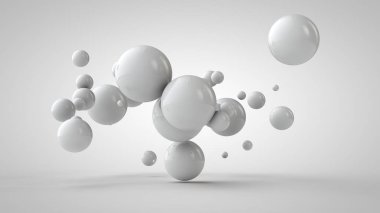 Uzayda asılı farklı boyutlarda topları 3d illüstrasyon. Düzen, kaos ve uyum fikri. Soyutlama. Uzay geometrisinin karşılaştırmalı görüntüsü. Beyaz arka planda izole 3d render.