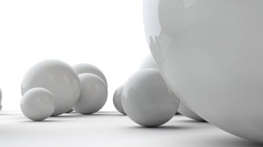 Büyük beyaz küreler ve beyaz bir yüzey üzerinde birçok küçük topları 3d illüstrasyon. Güzellik fikri. Uzay geometrisinin karşılaştırmalı görüntüsü. Beyaz arka planda izole 3d render.