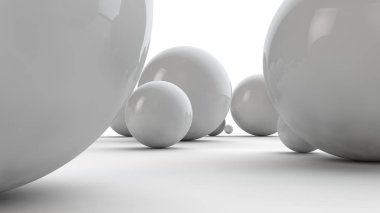 Büyük beyaz küreler ve beyaz bir yüzey üzerinde birçok küçük topları 3d illüstrasyon. Güzellik fikri. Uzay geometrisinin karşılaştırmalı görüntüsü. Beyaz arka planda izole 3d render.