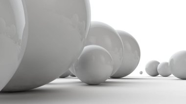 Büyük beyaz küreler ve beyaz bir yüzey üzerinde birçok küçük topları 3d illüstrasyon. Güzellik fikri. Uzay geometrisinin karşılaştırmalı görüntüsü. Beyaz arka planda izole 3d render.