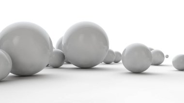 Büyük beyaz küreler ve beyaz bir yüzey üzerinde birçok küçük topları 3d illüstrasyon. Güzellik fikri. Uzay geometrisinin karşılaştırmalı görüntüsü. Beyaz arka planda izole 3d render.