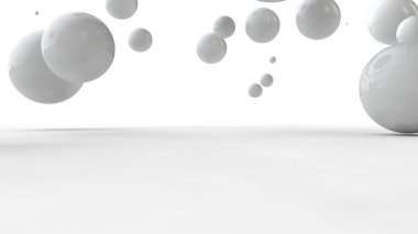 Beyaz bir yüzeyüzerinde farklı boyutlarda topları 3d illüstrasyon. Düzen, kaos ve soyutlama fikri. Uzay geometrisinin karşılaştırmalı görüntüsü. Beyaz arka planda izole 3d render.