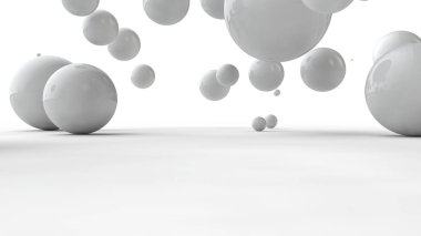 Uzayda asılı farklı boyutlarda topları 3d illüstrasyon. Düzen, kaos ve uyum fikri. Soyutlama. Uzay geometrisinin karşılaştırmalı görüntüsü. Beyaz arka planda izole 3d render.
