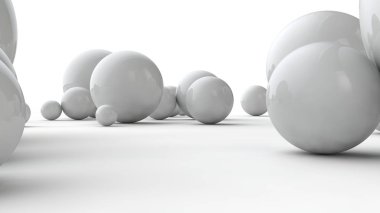 Beyaz bir yüzeyüzerinde farklı boyutlarda topları 3d illüstrasyon. Düzen, kaos ve soyutlama fikri. Uzay geometrisinin karşılaştırmalı görüntüsü. Beyaz arka planda izole 3d render.