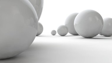 Büyük beyaz küreler ve beyaz bir yüzey üzerinde birçok küçük topları 3d illüstrasyon. Güzellik fikri. Uzay geometrisinin karşılaştırmalı görüntüsü. Beyaz arka planda izole 3d render.