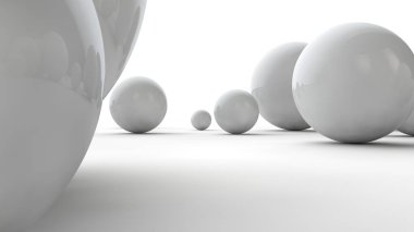 Büyük beyaz küreler ve beyaz bir yüzey üzerinde birçok küçük topları 3d illüstrasyon. Güzellik fikri. Uzay geometrisinin karşılaştırmalı görüntüsü. Beyaz arka planda izole 3d render.