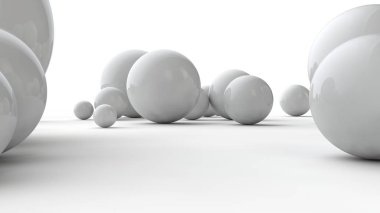 Beyaz bir yüzeyüzerinde farklı boyutlarda topları 3d illüstrasyon. Düzen, kaos ve soyutlama fikri. Uzay geometrisinin karşılaştırmalı görüntüsü. Beyaz arka planda izole 3d render.