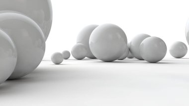 Beyaz bir yüzeyüzerinde farklı boyutlarda topları 3d illüstrasyon. Düzen, kaos ve soyutlama fikri. Uzay geometrisinin karşılaştırmalı görüntüsü. Beyaz arka planda izole 3d render.