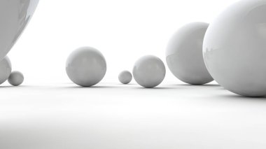 Beyaz bir yüzeyüzerinde farklı boyutlarda topları 3d illüstrasyon. Düzen, kaos ve soyutlama fikri. Uzay geometrisinin karşılaştırmalı görüntüsü. Beyaz arka planda izole 3d render.