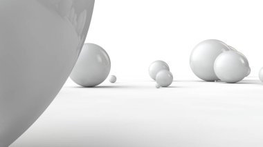 Büyük beyaz küreler ve beyaz bir yüzey üzerinde birçok küçük topları 3d illüstrasyon. Güzellik fikri. Uzay geometrisinin karşılaştırmalı görüntüsü. Beyaz arka planda izole 3d render.