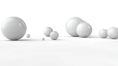 Beyaz bir yüzeyüzerinde farklı boyutlarda topları 3d illüstrasyon. Düzen, kaos ve soyutlama fikri. Uzay geometrisinin karşılaştırmalı görüntüsü. Beyaz arka planda izole 3d render.
