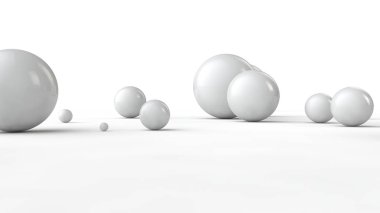 Beyaz bir yüzeyüzerinde farklı boyutlarda topları 3d illüstrasyon. Düzen, kaos ve soyutlama fikri. Uzay geometrisinin karşılaştırmalı görüntüsü. Beyaz arka planda izole 3d render.