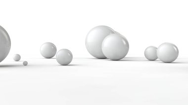 Beyaz bir yüzeyüzerinde farklı boyutlarda topları 3d illüstrasyon. Düzen, kaos ve soyutlama fikri. Uzay geometrisinin karşılaştırmalı görüntüsü. Beyaz arka planda izole 3d render.