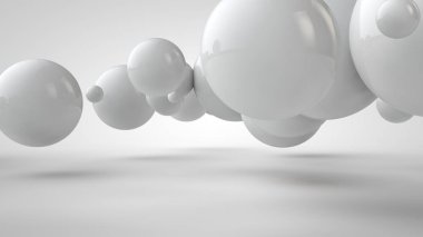 Uzayda asılı farklı boyutlarda topları 3d illüstrasyon. Düzen, kaos ve uyum fikri. Soyutlama. Uzay geometrisinin karşılaştırmalı görüntüsü. Beyaz arka planda izole 3d render.