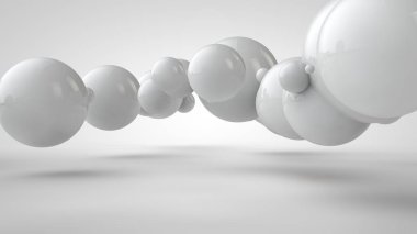 Uzayda asılı farklı boyutlarda topları 3d illüstrasyon. Düzen, kaos ve uyum fikri. Soyutlama. Uzay geometrisinin karşılaştırmalı görüntüsü. Beyaz arka planda izole 3d render.