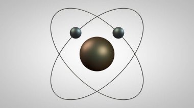 Bir çekirdek ve iki elektron ile bir atom modelinin 3d illüstrasyon. Rutherford atomunun yapısının metal modeli. Fikir, atom enerjisinin sembolü. Beyaz arka plan yalıtılmış 3d render.