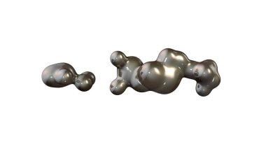 Erimiş metal3d illüstrasyon, sıfır yerçekimi. Metal damlaları birbiriyle birleşir. Beyaz arka planda 3d görüntüleme, izole görüntü.