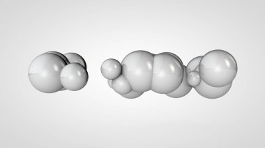Uzayda birçok beyaz topları 3d illüstrasyon, rasgele düzenlenmiştir. Birbirine bağlı yuvarlak nesnelerin soyut görüntüsü. Beyaz arka planda izole edilmiş. 3d render