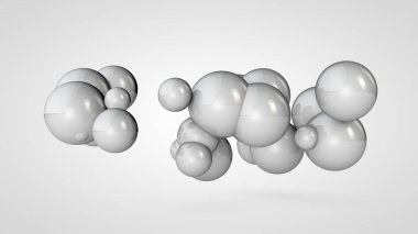 Uzayda birçok beyaz topları 3d illüstrasyon, rasgele düzenlenmiştir. Birbirine bağlı yuvarlak nesnelerin soyut görüntüsü. Beyaz arka planda izole edilmiş. 3d render