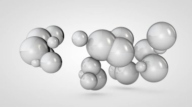 Uzayda birçok beyaz topları 3d illüstrasyon, rasgele düzenlenmiştir. Birbirine bağlı yuvarlak nesnelerin soyut görüntüsü. Beyaz arka planda izole edilmiş. 3d render