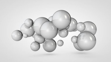 Uzayda birçok beyaz topları 3d illüstrasyon, rasgele düzenlenmiştir. Birbirine bağlı yuvarlak nesnelerin soyut görüntüsü. Beyaz arka planda izole edilmiş. 3d render