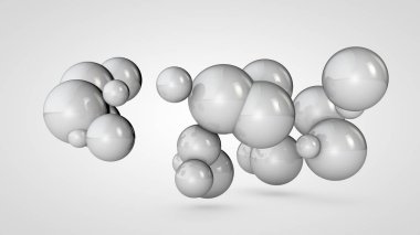 Uzayda birçok beyaz topları 3d illüstrasyon, rasgele düzenlenmiştir. Birbirine bağlı yuvarlak nesnelerin soyut görüntüsü. Beyaz arka planda izole edilmiş. 3d render