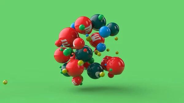 Ilustracja 3D wielu kulek o różnych kolorach wyizolowanych na zielonym tle. Witaminy są rozproszone w kosmosie. Idea zdrowej diety, siły i zdrowia. Renderowanie 3D — Zdjęcie stockowe
