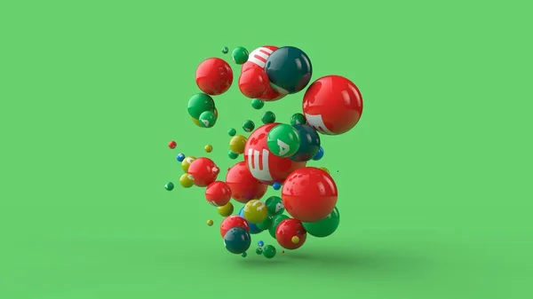 3D illustration of many balls of different colors isolated on a green background. Vitamins are scattered in space. The idea of a healthy diet, strength and health. 3D rendering