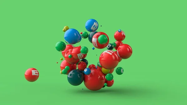 3D illusztrálja sok golyó különböző színű izolált zöld háttér. A vitaminok szétszóródtak az űrben. Az az elképzelés, az egészséges táplálkozás, az erő és az egészség. 3D-leképezés — Stock Fotó