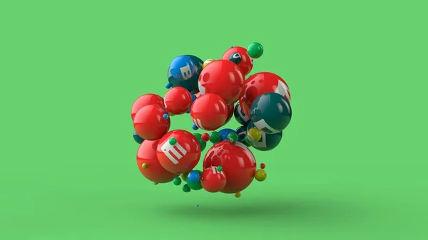 3D illusztrálja sok golyó különböző színű izolált zöld háttér. A vitaminok szétszóródtak az űrben. Az az elképzelés, az egészséges táplálkozás, az erő és az egészség. 3D-leképezés — Stock Fotó