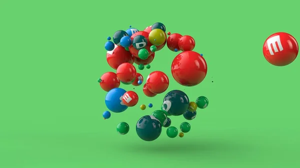 Ilustração 3D de muitas bolas de cores diferentes isoladas em um fundo verde. As vitaminas estão espalhadas no espaço. A ideia de uma dieta saudável, força e saúde. Renderização 3D — Fotografia de Stock