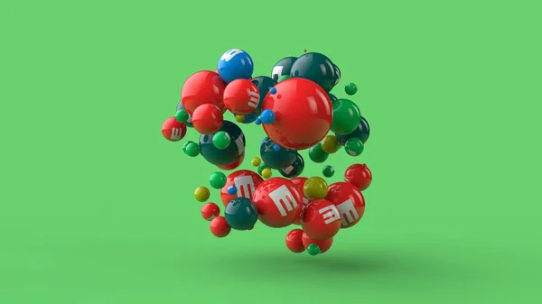 3D illustration of many balls of different colors isolated on a green background. Vitamins are scattered in space. The idea of a healthy diet, strength and health. 3D rendering