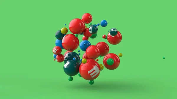 Ilustración 3D de muchas bolas de diferentes colores aisladas sobre un fondo verde. Las vitaminas están dispersas en el espacio. La idea de una dieta saludable, fuerza y salud. Renderizado 3D — Foto de Stock