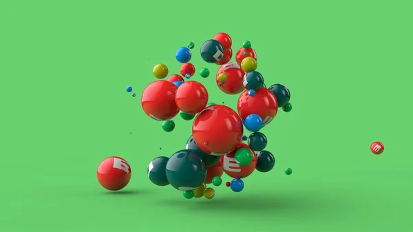 Ilustração 3D de muitas bolas de cores diferentes isoladas em um fundo verde. As vitaminas estão espalhadas no espaço. A ideia de uma dieta saudável, força e saúde. Renderização 3D — Fotografia de Stock