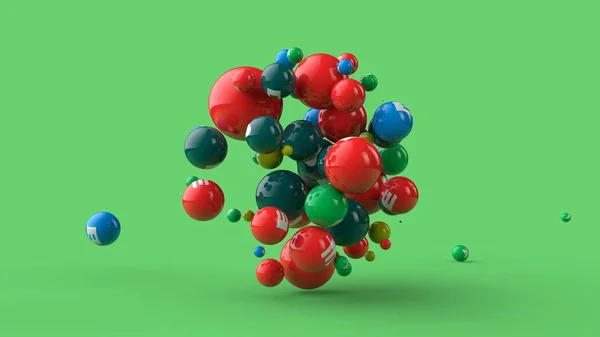 Ilustração 3D de muitas bolas de cores diferentes isoladas em um fundo verde. As vitaminas estão espalhadas no espaço. A ideia de uma dieta saudável, força e saúde. Renderização 3D — Fotografia de Stock