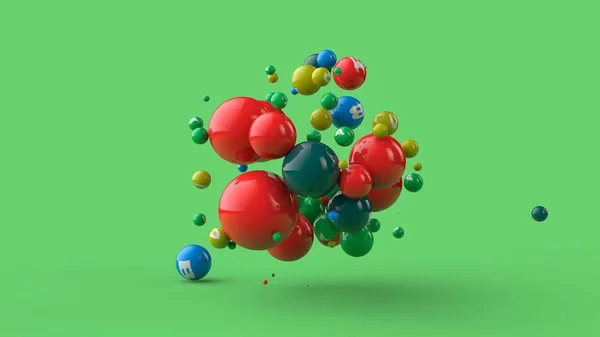 Ilustração 3D de muitas bolas de cores diferentes isoladas em um fundo verde. As vitaminas estão espalhadas no espaço. A ideia de uma dieta saudável, força e saúde. Renderização 3D — Fotografia de Stock