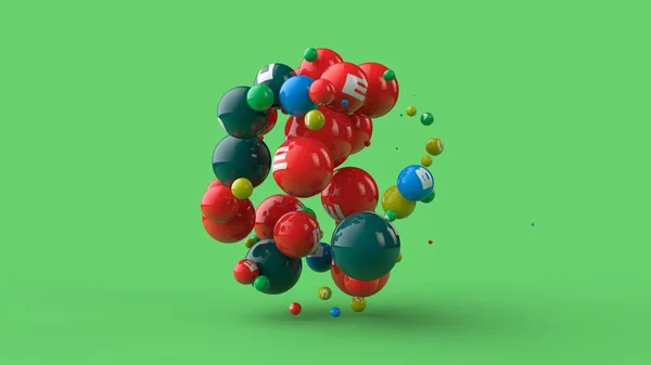 3D illustration av många bollar i olika färger isolerade på en grön bakgrund. Vitaminer är utspridda i rymden. Idén om en hälsosam kost, styrka och hälsa. 3D-rendering — Stockfoto