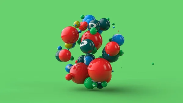 Ilustração 3D de muitas bolas de cores diferentes isoladas em um fundo verde. As vitaminas estão espalhadas no espaço. A ideia de uma dieta saudável, força e saúde. Renderização 3D — Fotografia de Stock