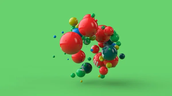 Illustration 3D de nombreuses boules de différentes couleurs isolées sur un fond vert. Les vitamines sont dispersées dans l'espace. L'idée d'une alimentation saine, la force et la santé. rendu 3D — Photo