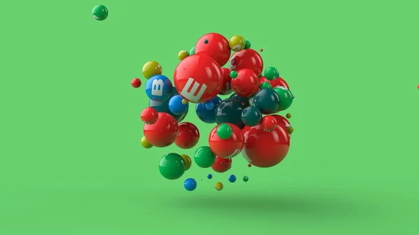 Ilustração 3D de muitas bolas de cores diferentes isoladas em um fundo verde. As vitaminas estão espalhadas no espaço. A ideia de uma dieta saudável, força e saúde. Renderização 3D — Fotografia de Stock