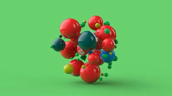 Ilustração 3D de muitas bolas de cores diferentes isoladas em um fundo verde. As vitaminas estão espalhadas no espaço. A ideia de uma dieta saudável, força e saúde. Renderização 3D — Fotografia de Stock