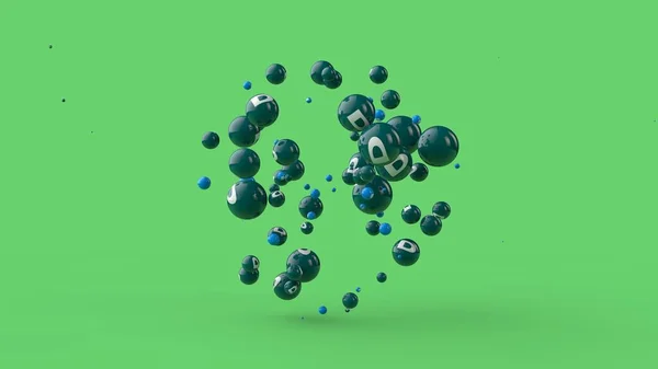 Ilustração 3D de muitas bolas de cores diferentes isoladas em um fundo verde. As vitaminas estão espalhadas no espaço. A ideia de uma dieta saudável, força e saúde. Renderização 3D — Fotografia de Stock